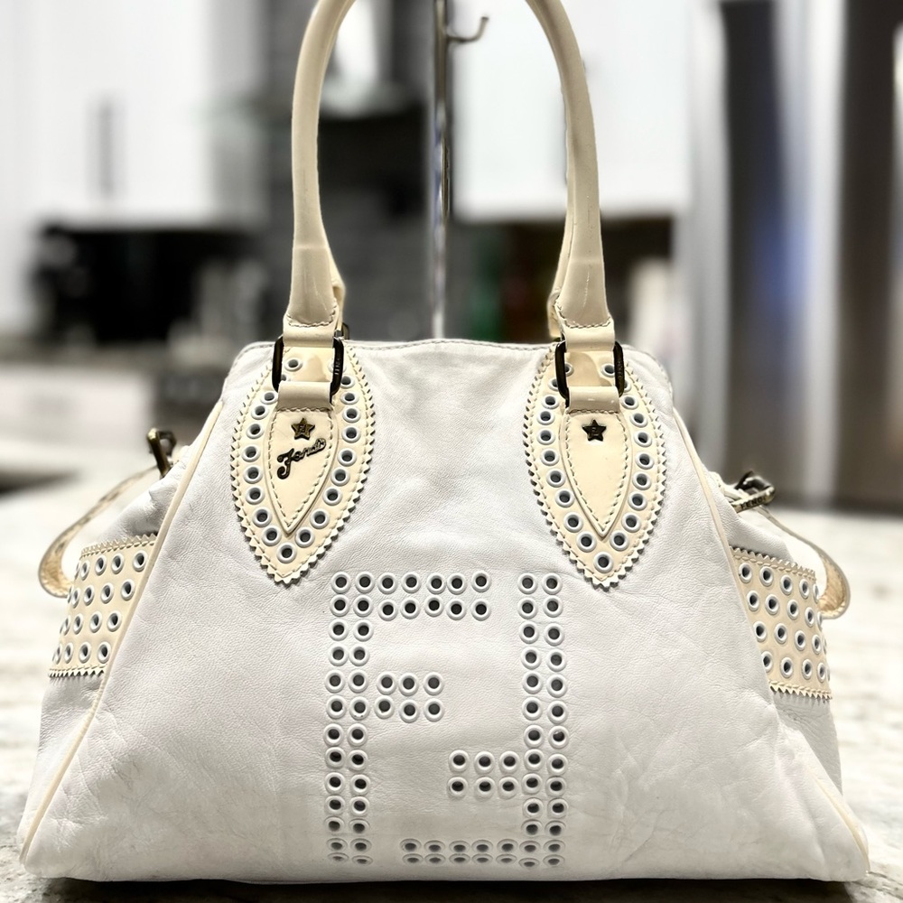 Fendi Authentic Off White Nappa Leather/ Beige Patent Leather Trim Chef De Jour